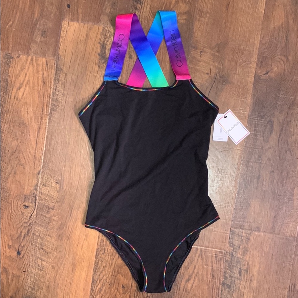 Calvin Klein Black and Blue Bodysuit with Vibrant Rainbow Straps